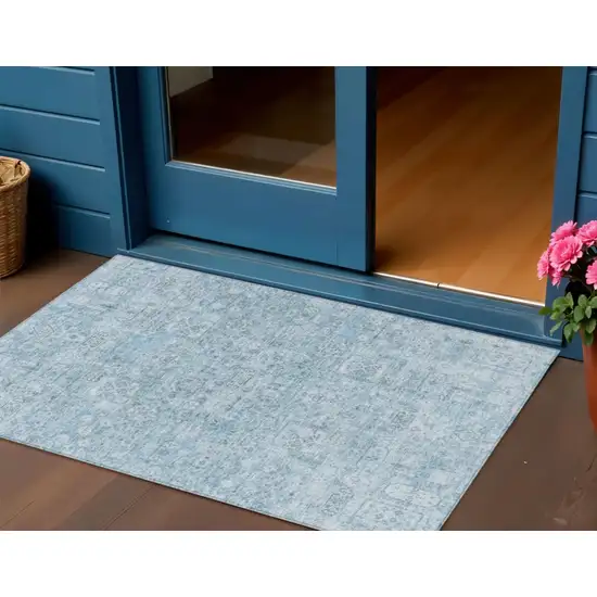 Sky Blue And Denim Blue Floral Washable Indoor Outdoor Area Rug Photo 1