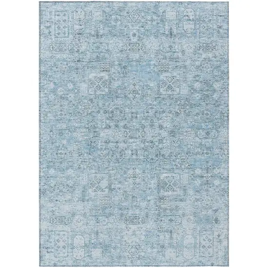 Sky Blue And Denim Blue Floral Washable Indoor Outdoor Area Rug Photo 2
