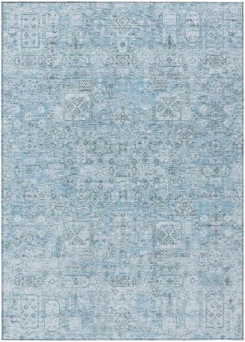 Sky Blue And Denim Blue Floral Washable Indoor Outdoor Area Rug Photo 2