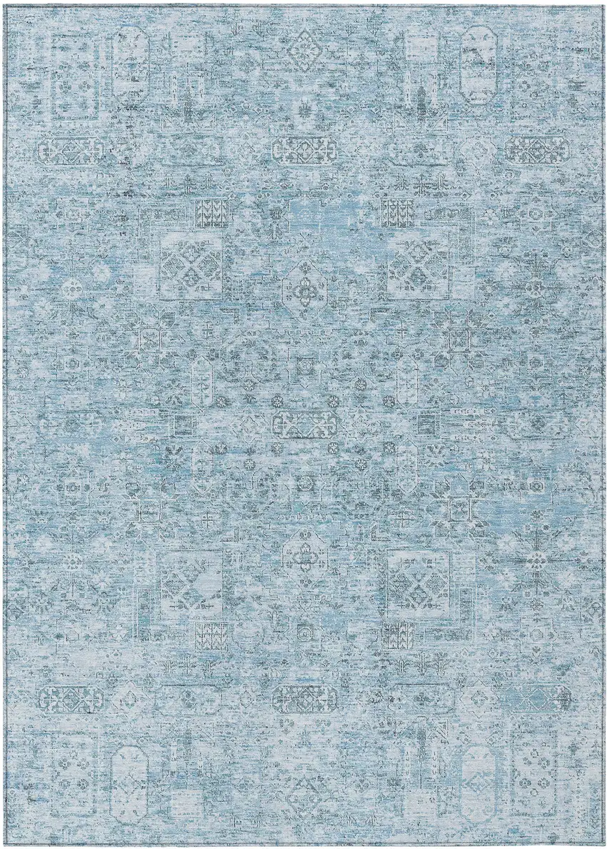Sky Blue And Denim Blue Floral Washable Indoor Outdoor Area Rug Photo 2