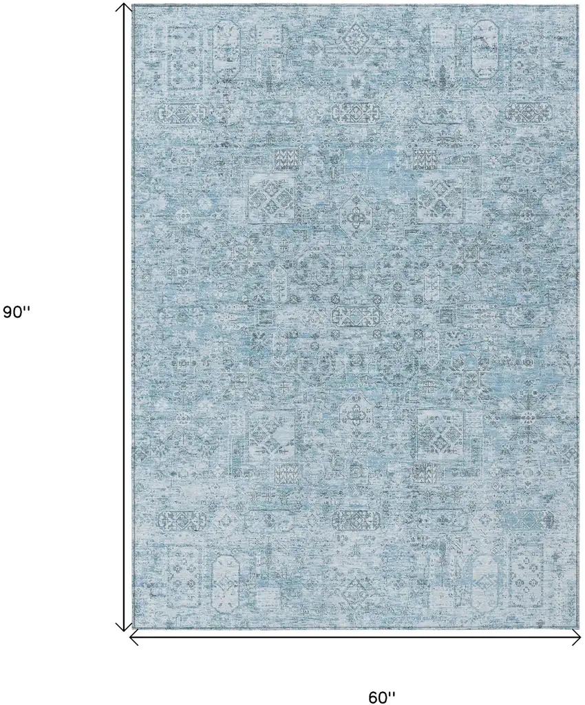 Sky Blue And Denim Blue Floral Washable Indoor Outdoor Area Rug Photo 3