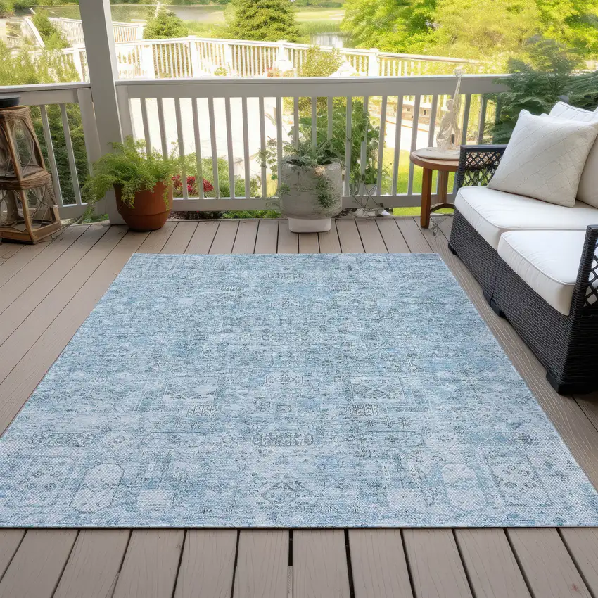 Sky Blue And Denim Blue Floral Washable Indoor Outdoor Area Rug Photo 6