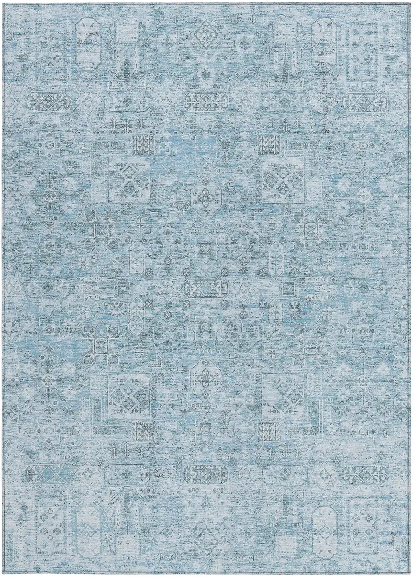 Sky Blue And Denim Blue Floral Washable Indoor Outdoor Area Rug Photo 5