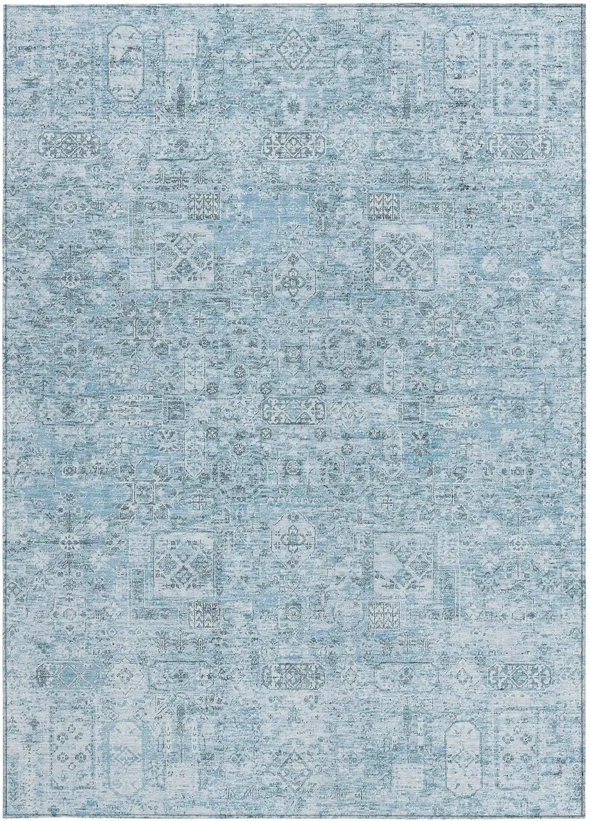 Sky Blue And Denim Blue Floral Washable Indoor Outdoor Area Rug Photo 5