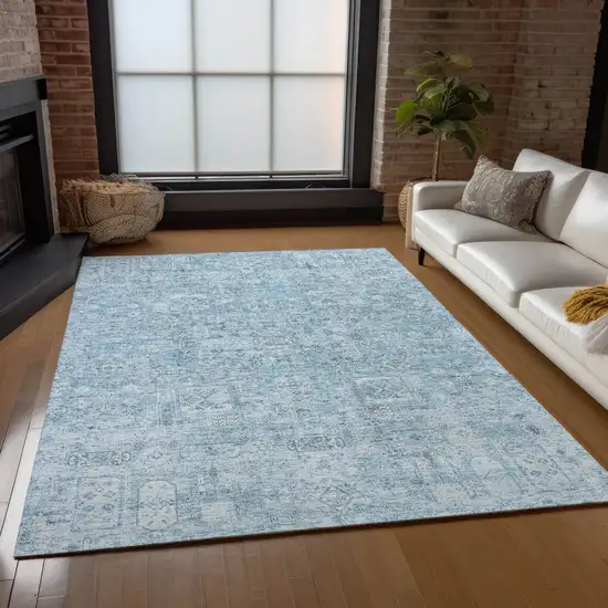 Sky Blue And Denim Blue Floral Washable Indoor Outdoor Area Rug Photo 8
