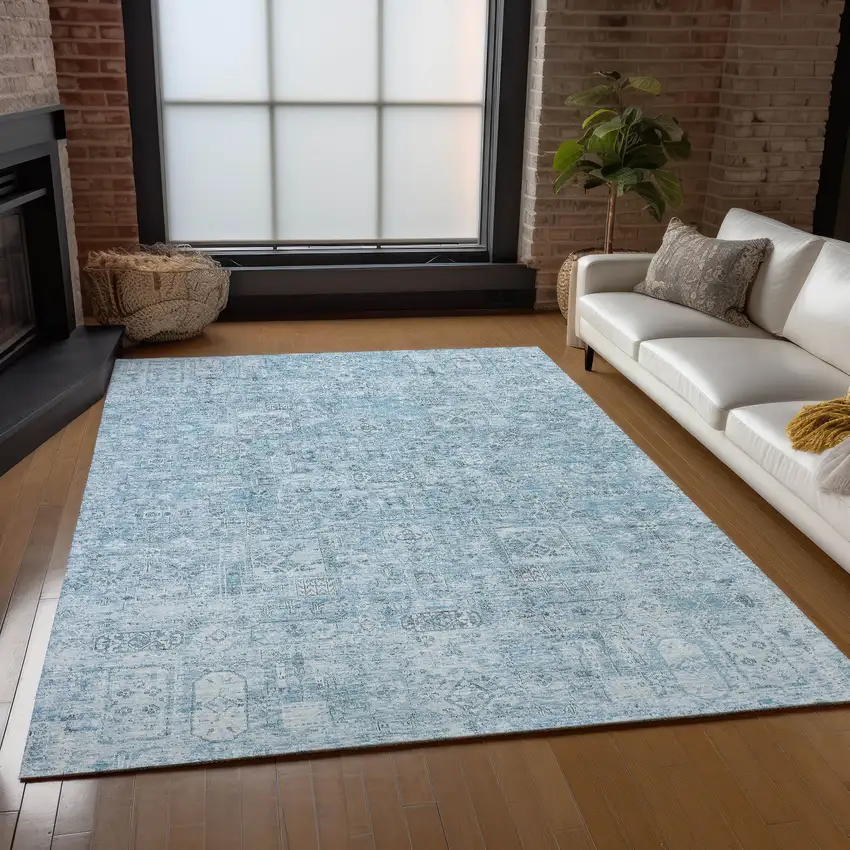 Sky Blue And Denim Blue Floral Washable Indoor Outdoor Area Rug Photo 8