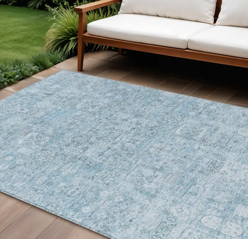 Sky Blue And Denim Blue Floral Washable Indoor Outdoor Area Rug Photo 1