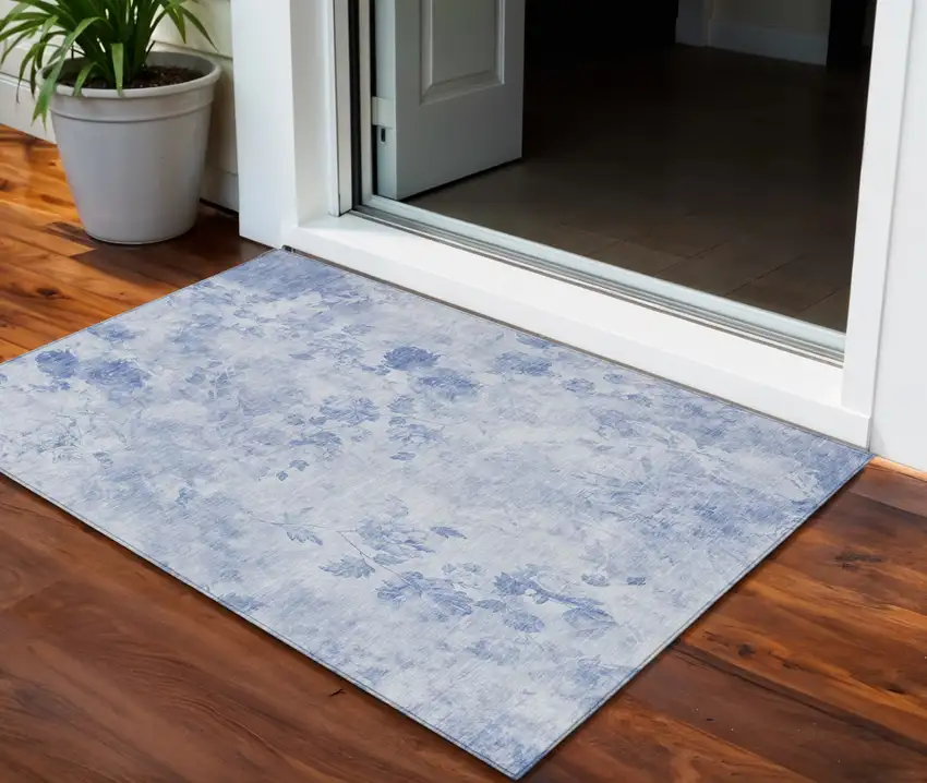 Sky Blue And Denim Blue Floral Washable Indoor Outdoor Area Rug Photo 1