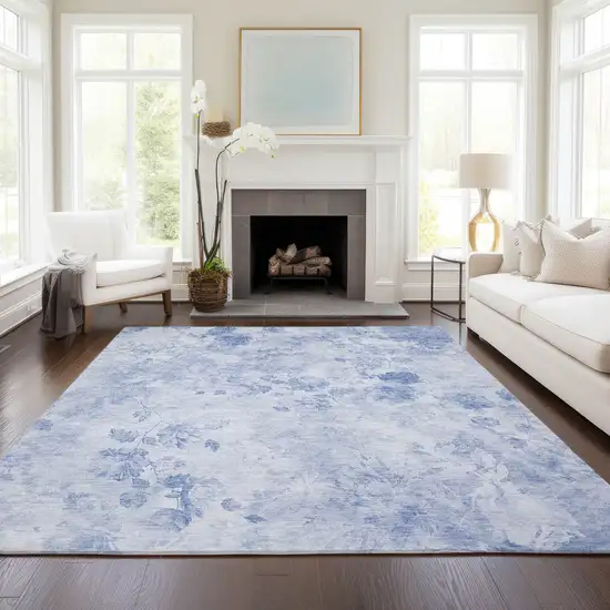 Sky Blue And Denim Blue Floral Washable Indoor Outdoor Area Rug Photo 7