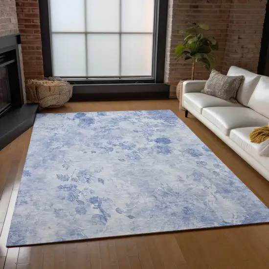 Sky Blue And Denim Blue Floral Washable Indoor Outdoor Area Rug Photo 9
