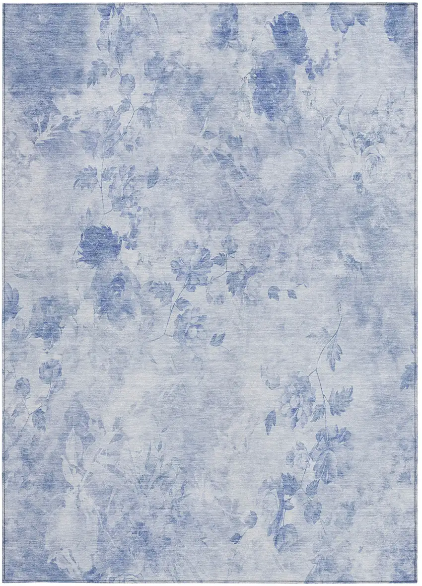 Sky Blue And Denim Blue Floral Washable Indoor Outdoor Area Rug Photo 5