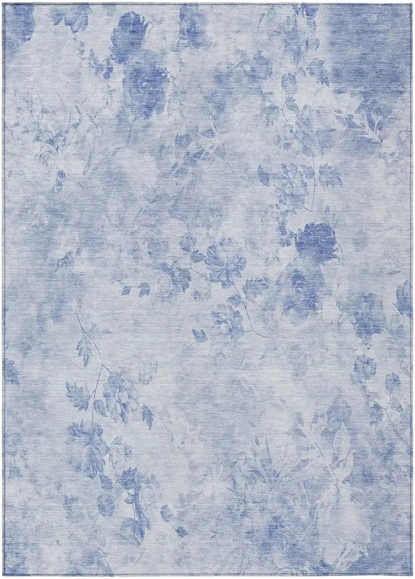 Sky Blue And Denim Blue Floral Washable Indoor Outdoor Area Rug Photo 2