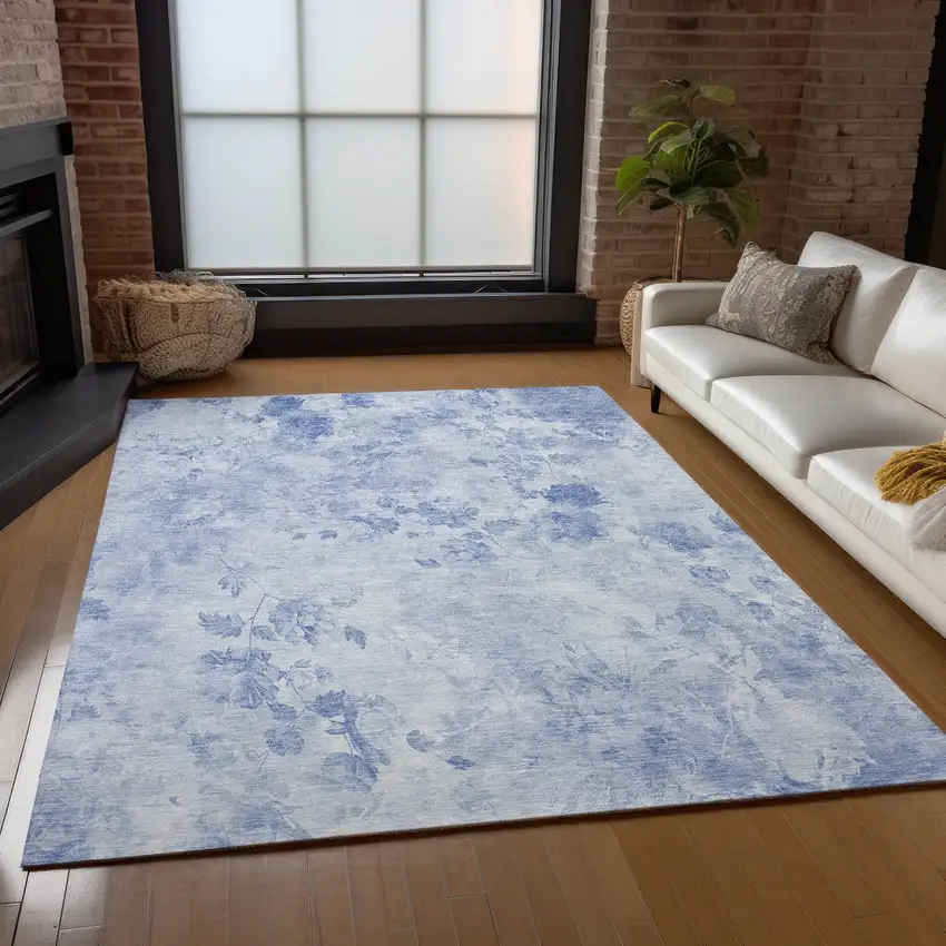Sky Blue And Denim Blue Floral Washable Indoor Outdoor Area Rug Photo 8