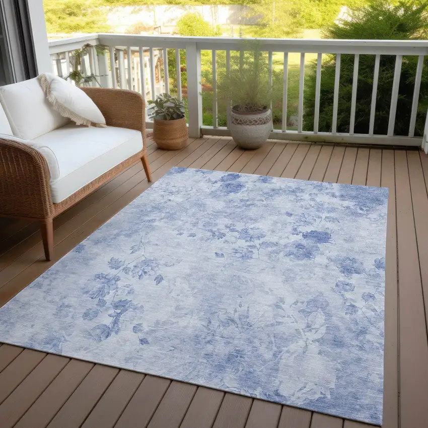 Sky Blue And Denim Blue Floral Washable Indoor Outdoor Area Rug Photo 6