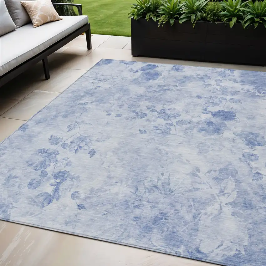 Sky Blue And Denim Blue Floral Washable Indoor Outdoor Area Rug Photo 1