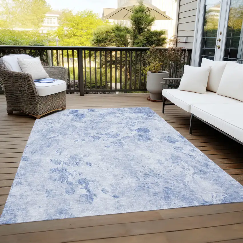 Sky Blue And Denim Blue Floral Washable Indoor Outdoor Area Rug Photo 9