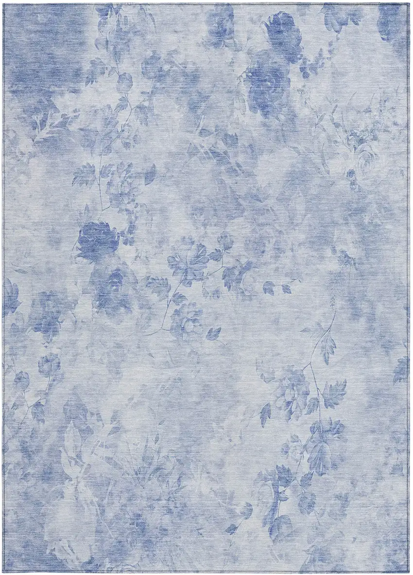 Sky Blue And Denim Blue Floral Washable Indoor Outdoor Area Rug Photo 5