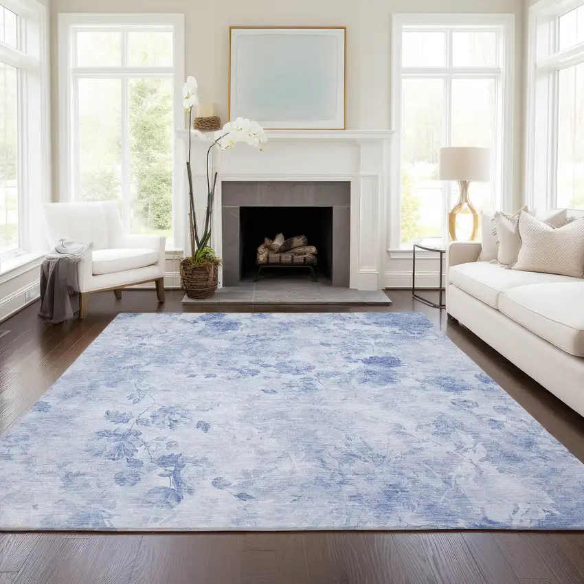 Sky Blue And Denim Blue Floral Washable Indoor Outdoor Area Rug Photo 7