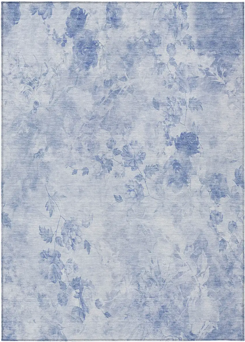 Sky Blue And Denim Blue Floral Washable Indoor Outdoor Area Rug Photo 2