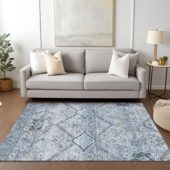 Sky Blue And Denim Blue Floral Washable Indoor Outdoor Area Rug Photo 9