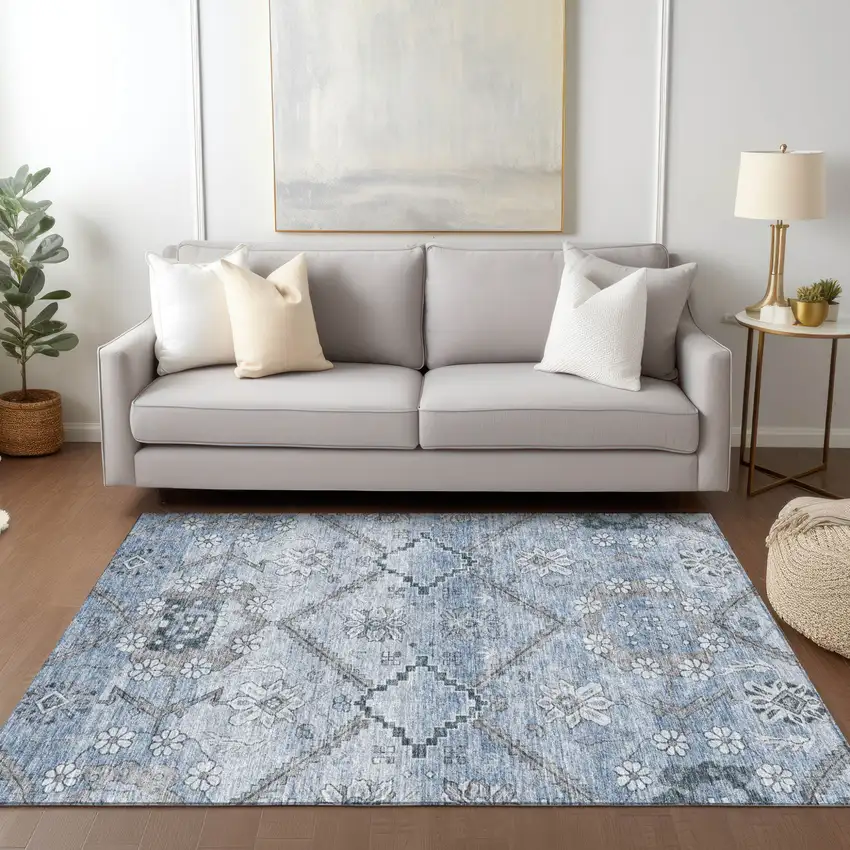 Sky Blue And Denim Blue Floral Washable Indoor Outdoor Area Rug Photo 9