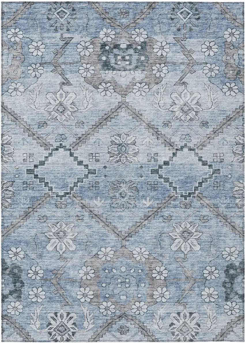 Sky Blue And Denim Blue Floral Washable Indoor Outdoor Area Rug Photo 2