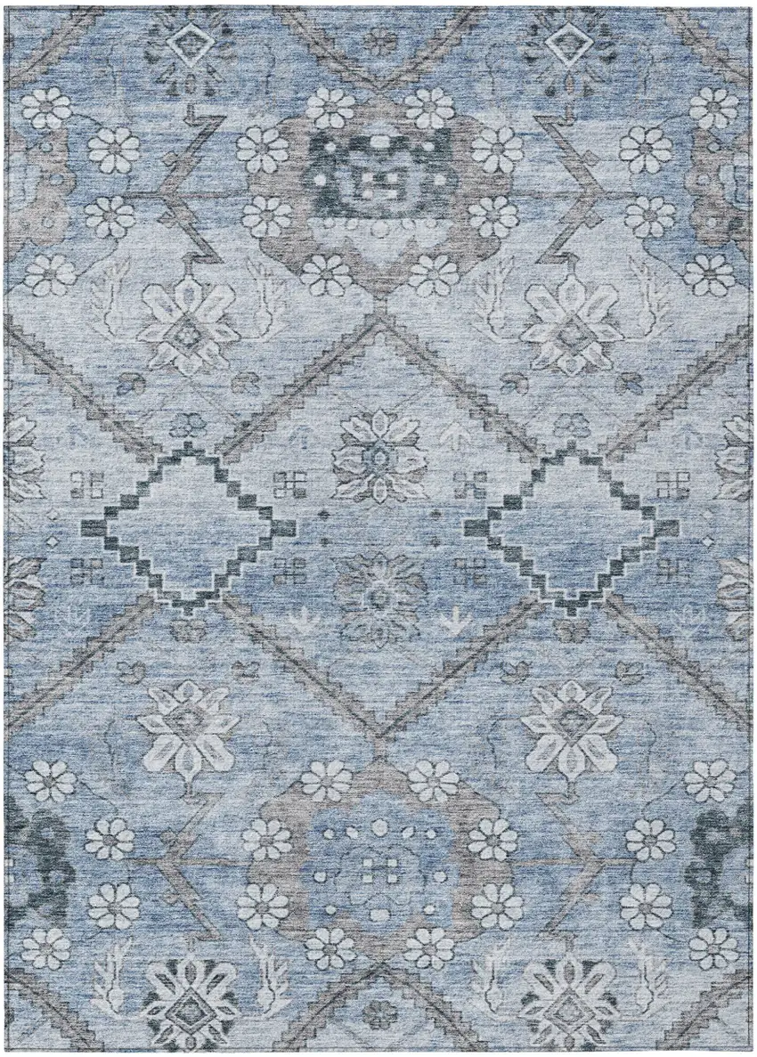 Sky Blue And Denim Blue Floral Washable Indoor Outdoor Area Rug Photo 2