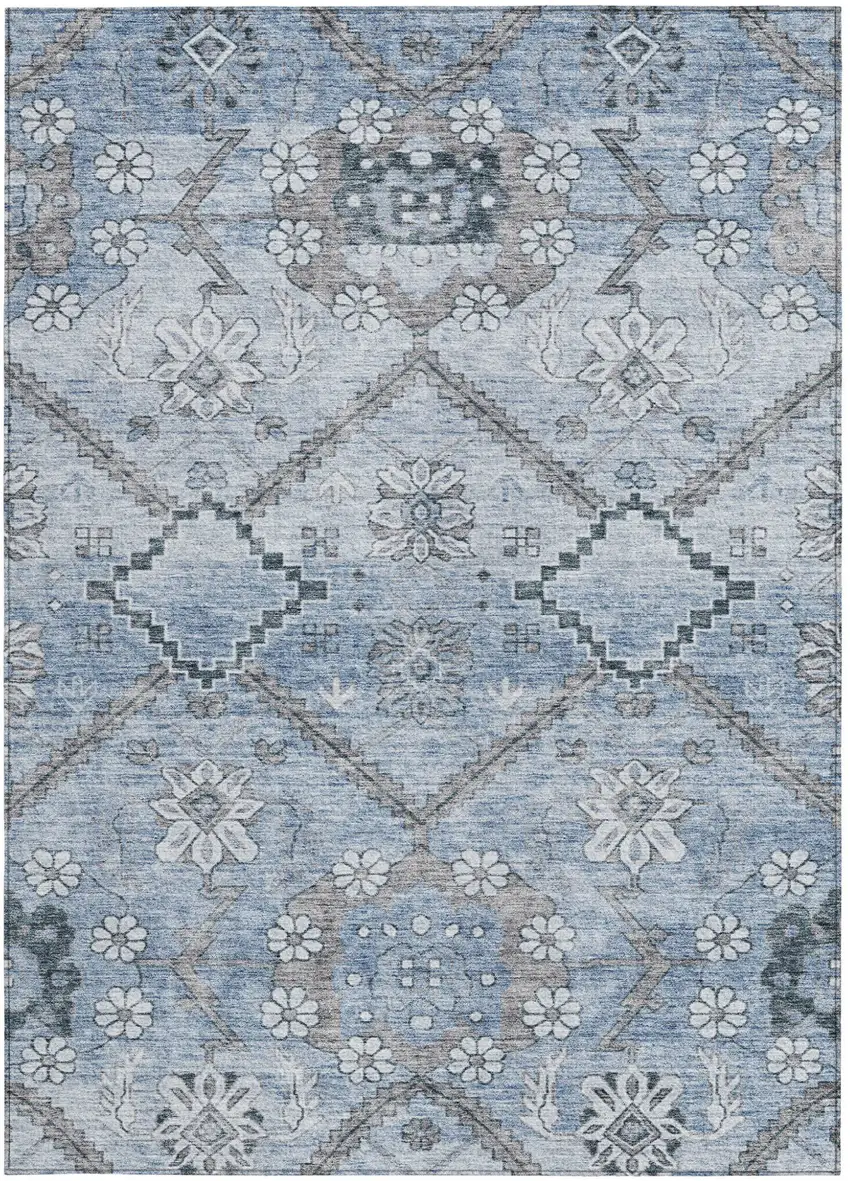 Sky Blue And Denim Blue Floral Washable Indoor Outdoor Area Rug Photo 7