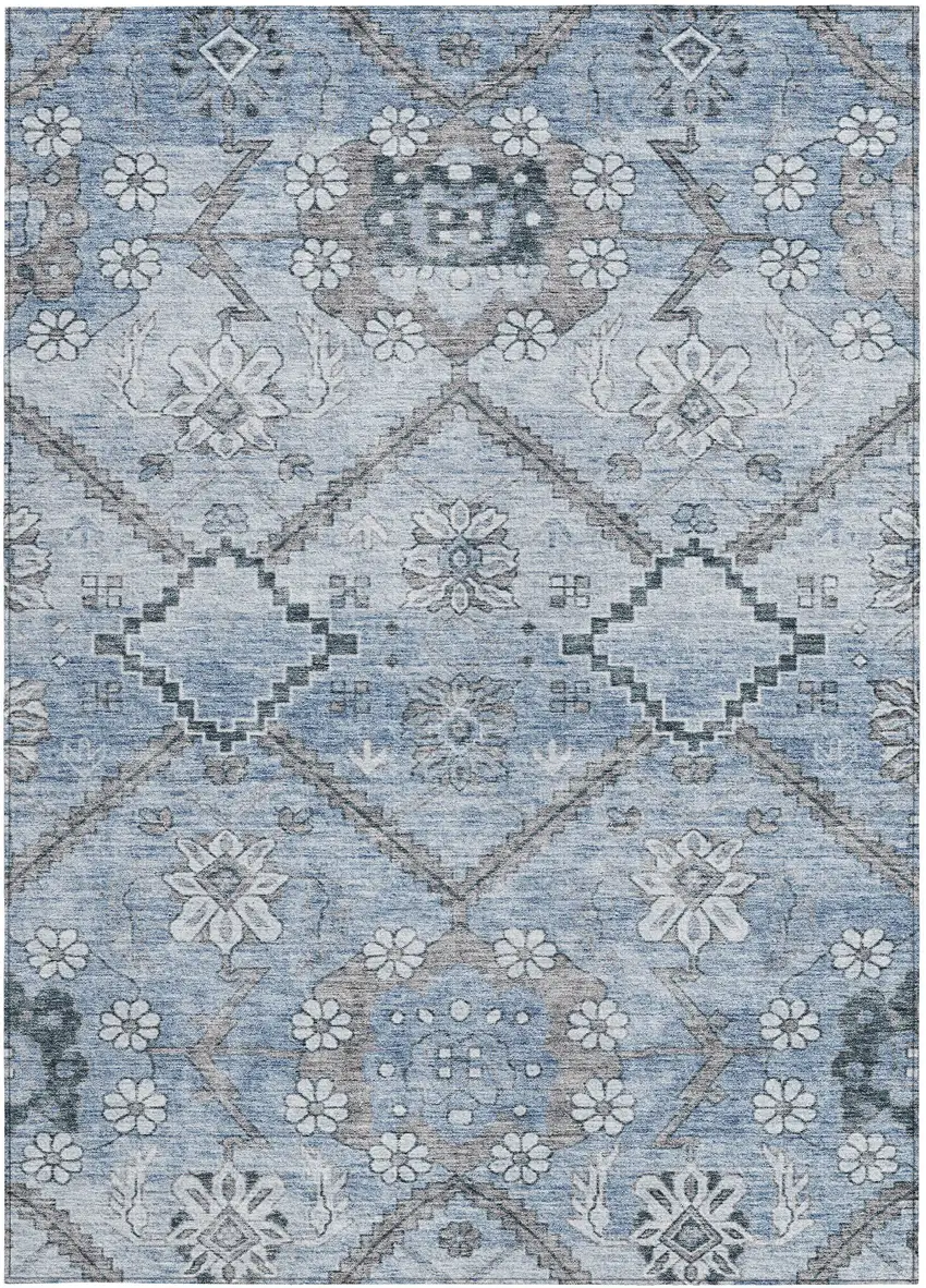 Sky Blue And Denim Blue Floral Washable Indoor Outdoor Area Rug Photo 7