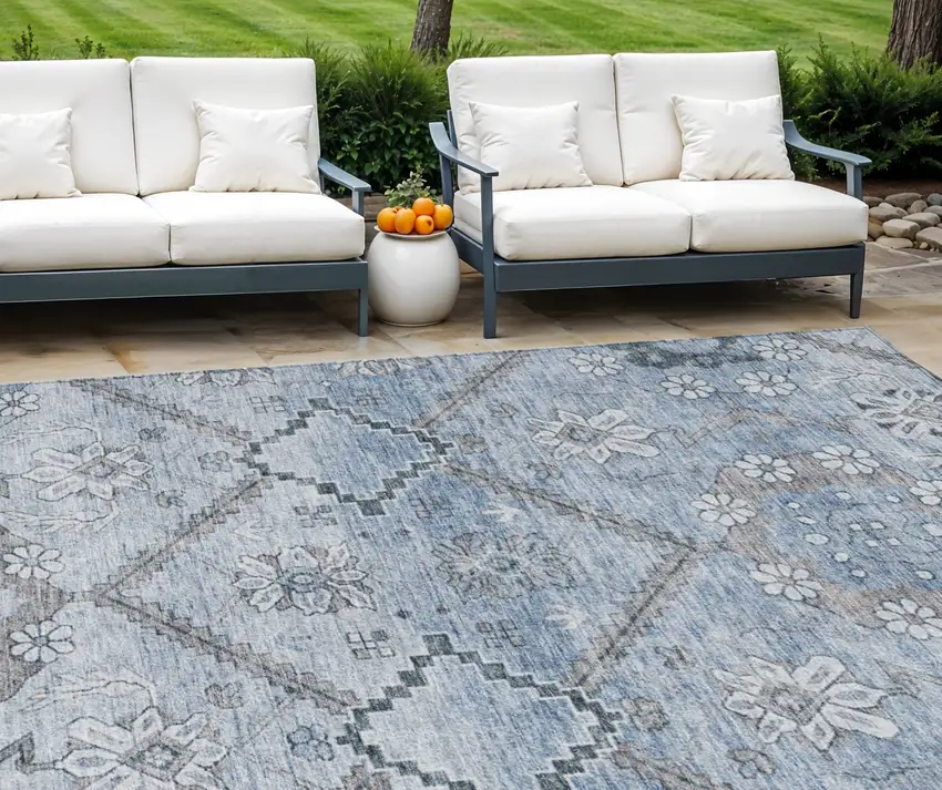 Sky Blue And Denim Blue Floral Washable Indoor Outdoor Area Rug Photo 1