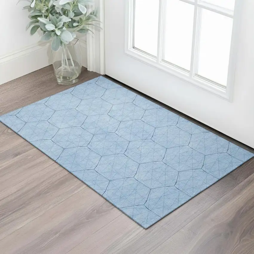 Sky Blue And Denim Blue Geometric Washable Area Rug With UV Protection Photo 2
