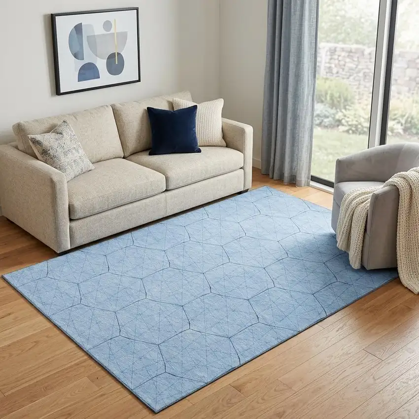 Sky Blue And Denim Blue Geometric Washable Area Rug With UV Protection Photo 1