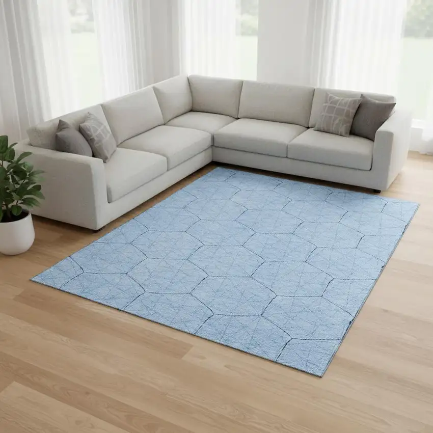 Sky Blue And Denim Blue Geometric Washable Area Rug With UV Protection Photo 2