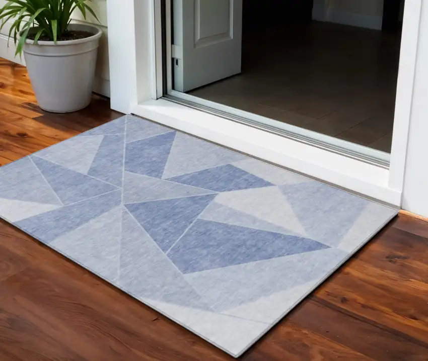 Sky Blue And Denim Blue Geometric Washable Indoor Outdoor Area Rug Photo 1