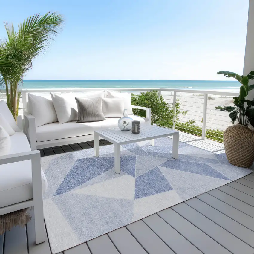 Sky Blue And Denim Blue Geometric Washable Indoor Outdoor Area Rug Photo 5