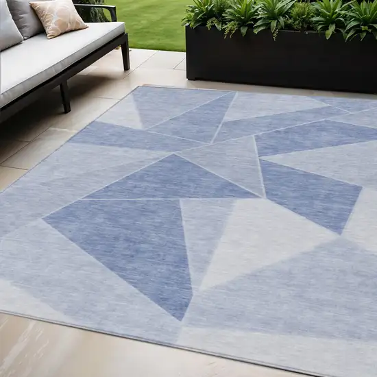 Sky Blue And Denim Blue Geometric Washable Indoor Outdoor Area Rug Photo 1