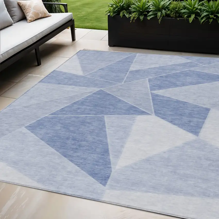 Sky Blue And Denim Blue Geometric Washable Indoor Outdoor Area Rug Photo 1