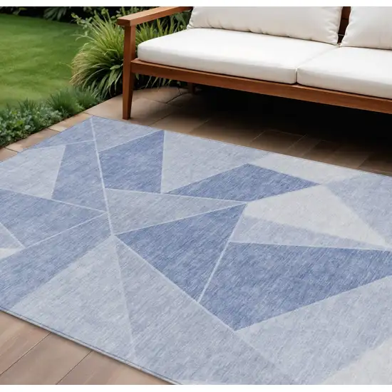 Sky Blue And Denim Blue Geometric Washable Indoor Outdoor Area Rug Photo 1