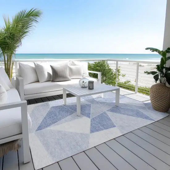 Sky Blue And Denim Blue Geometric Washable Indoor Outdoor Area Rug Photo 6