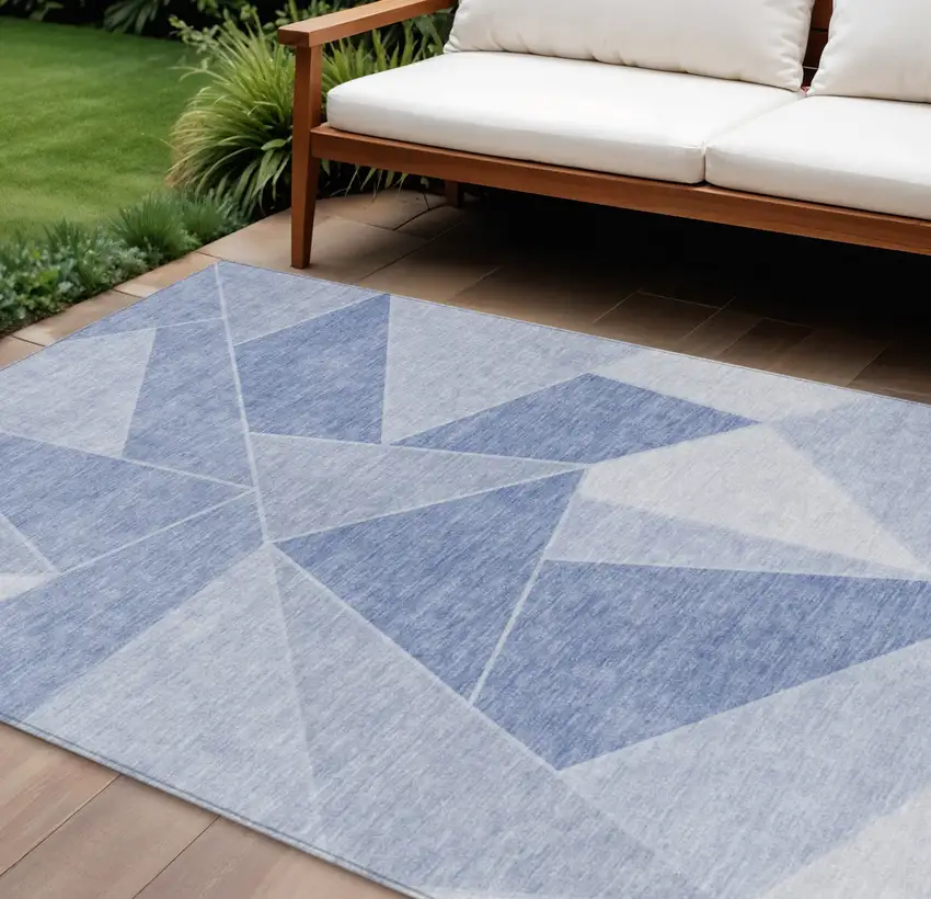Sky Blue And Denim Blue Geometric Washable Indoor Outdoor Area Rug Photo 1