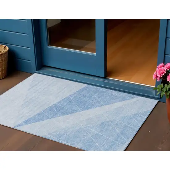 Sky Blue And Denim Blue Geometric Washable Indoor Outdoor Area Rug Photo 1