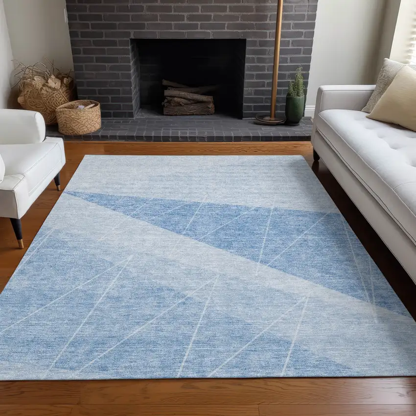 Sky Blue And Denim Blue Geometric Washable Indoor Outdoor Area Rug Photo 7