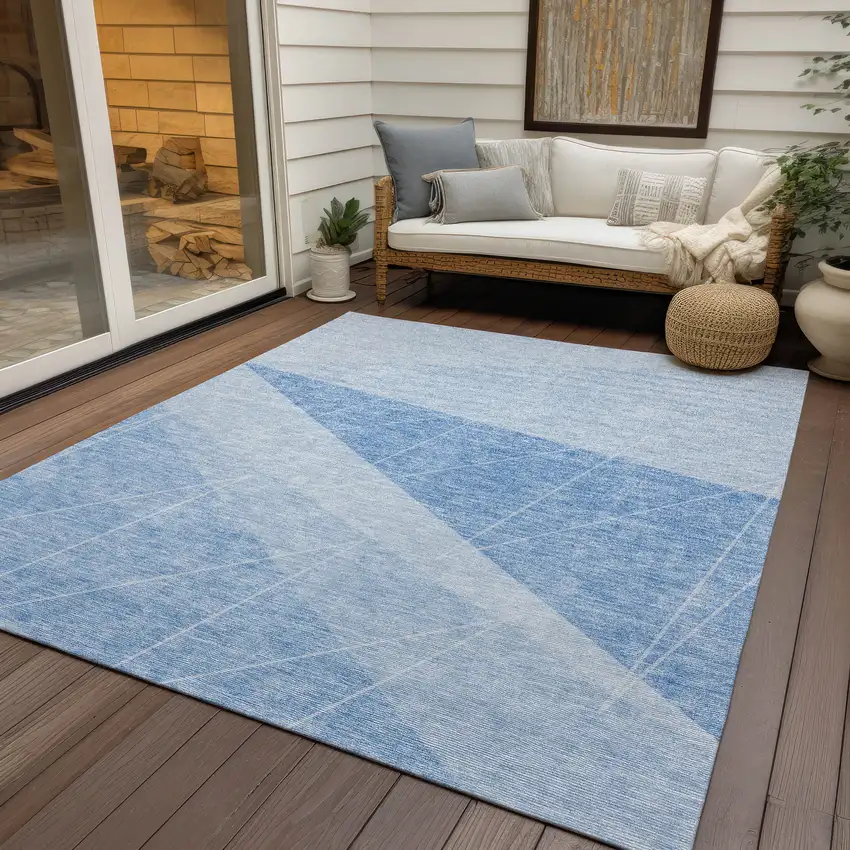 Sky Blue And Denim Blue Geometric Washable Indoor Outdoor Area Rug Photo 7