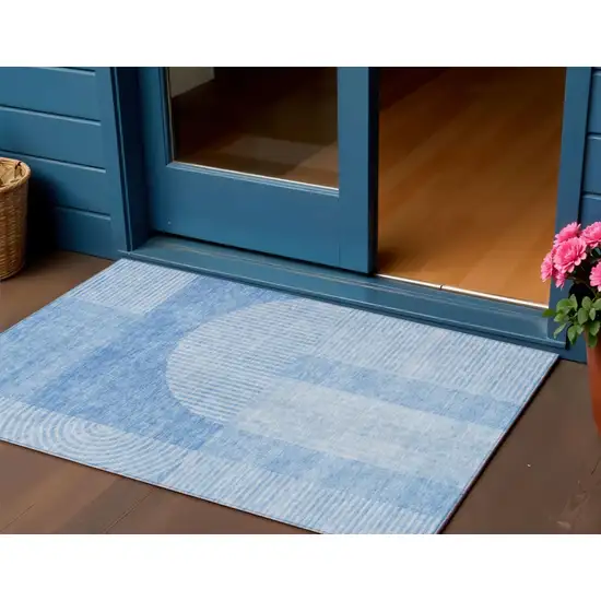 Sky Blue And Denim Blue Geometric Washable Indoor Outdoor Area Rug Photo 1