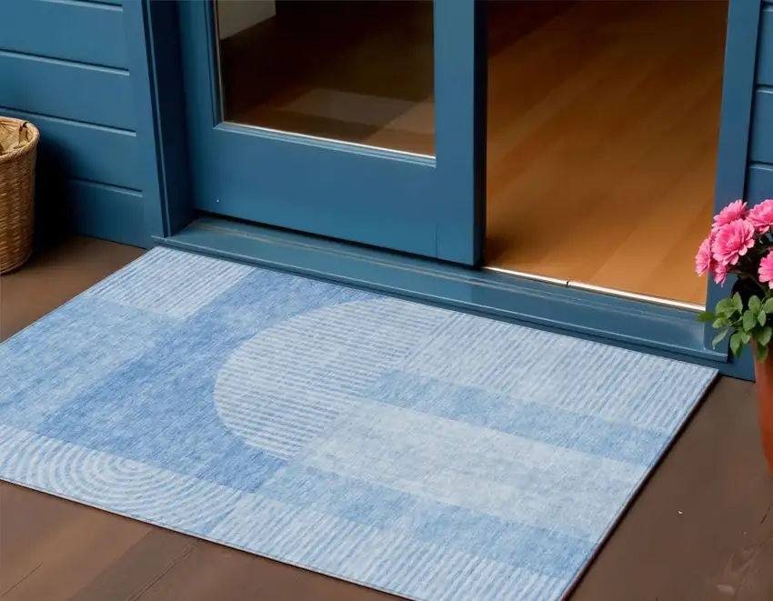 Sky Blue And Denim Blue Geometric Washable Indoor Outdoor Area Rug Photo 1