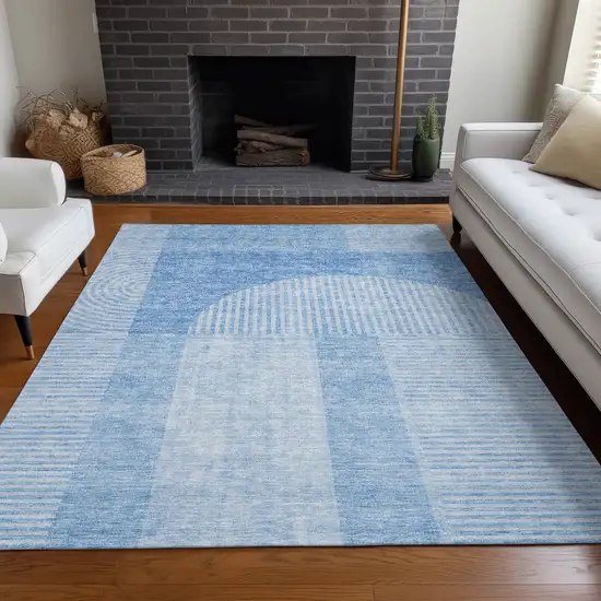 Sky Blue And Denim Blue Geometric Washable Indoor Outdoor Area Rug Photo 7