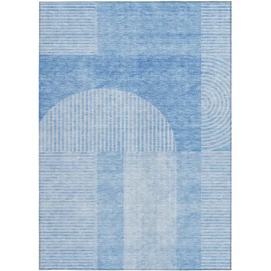 Sky Blue And Denim Blue Geometric Washable Indoor Outdoor Area Rug Photo 6