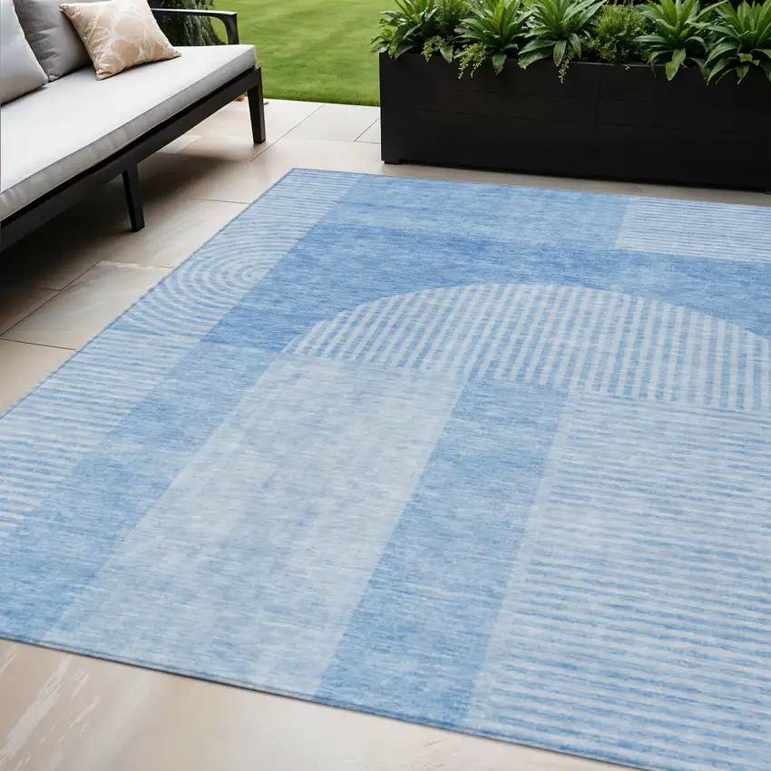 Sky Blue And Denim Blue Geometric Washable Indoor Outdoor Area Rug Photo 1