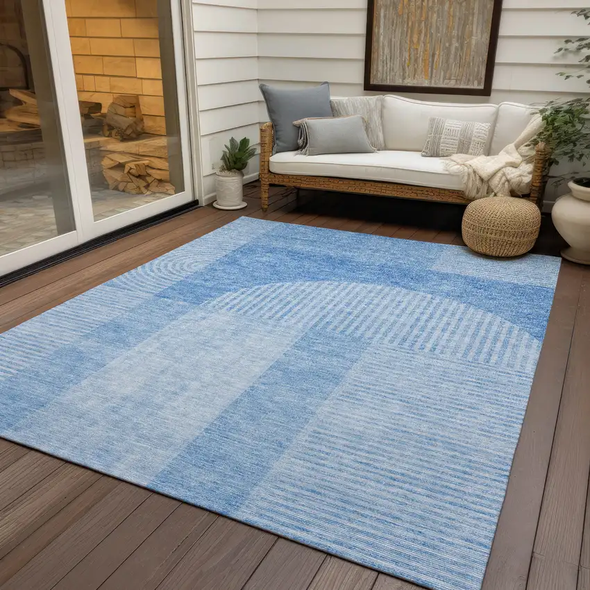 Sky Blue And Denim Blue Geometric Washable Indoor Outdoor Area Rug Photo 6