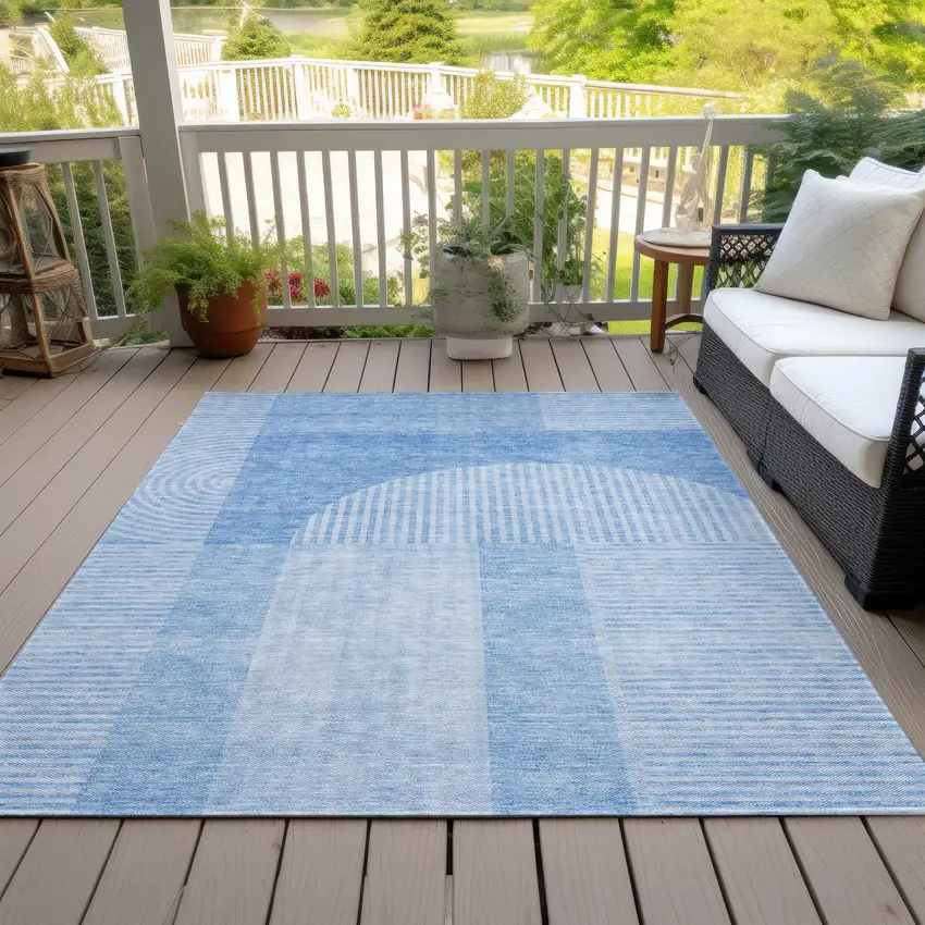 Sky Blue And Denim Blue Geometric Washable Indoor Outdoor Area Rug Photo 9